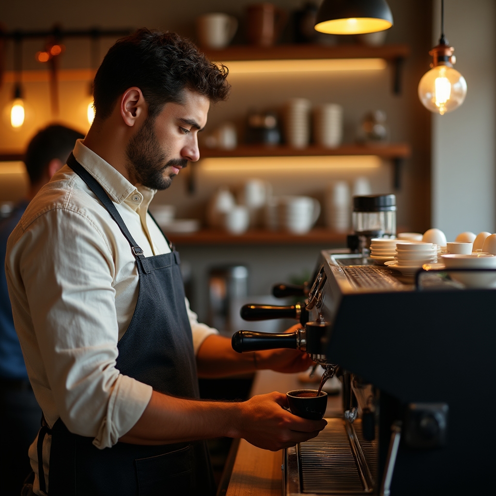 Barista připravuje espresso za pultem malé kavárny