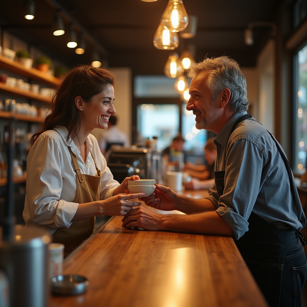 Barista a stálý host při rozhovoru u pultu kavárny