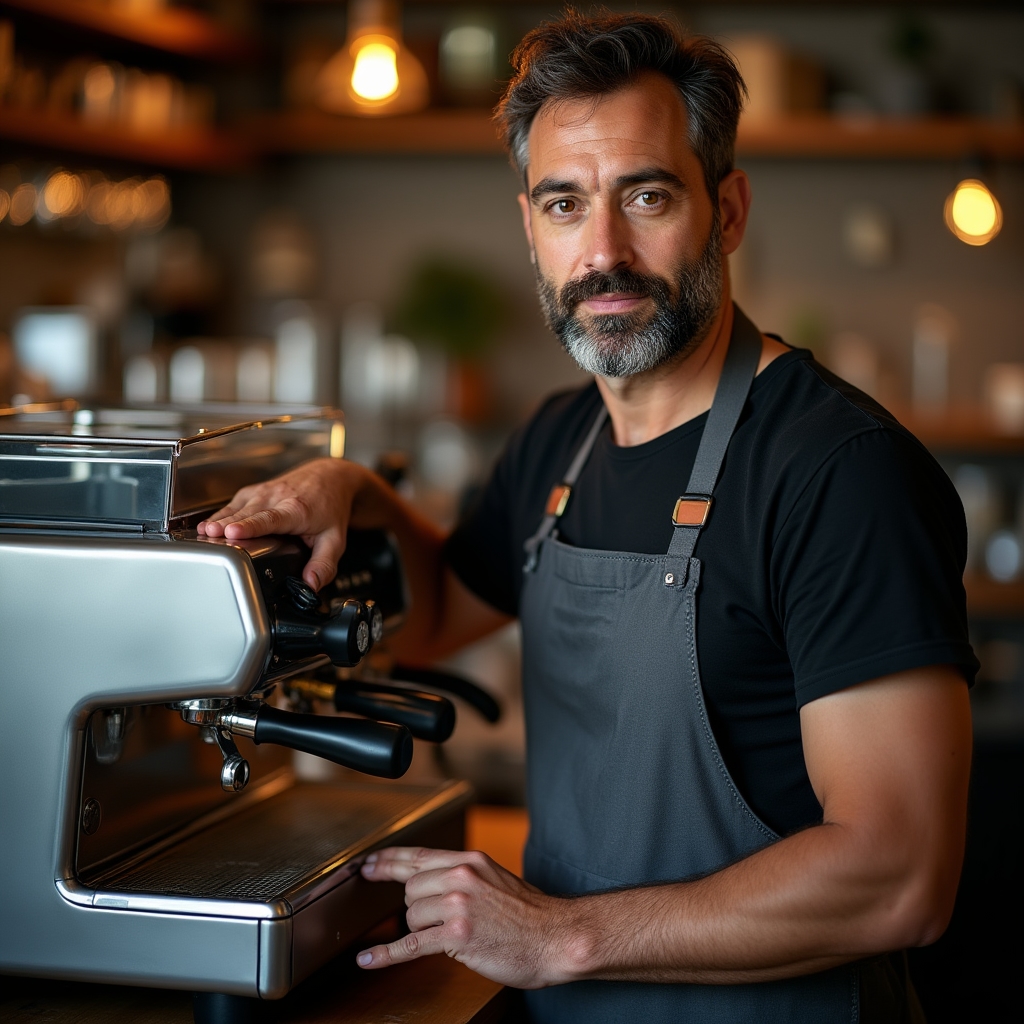 Portrét lektora Jakuba Meduny u espresso kávovaru